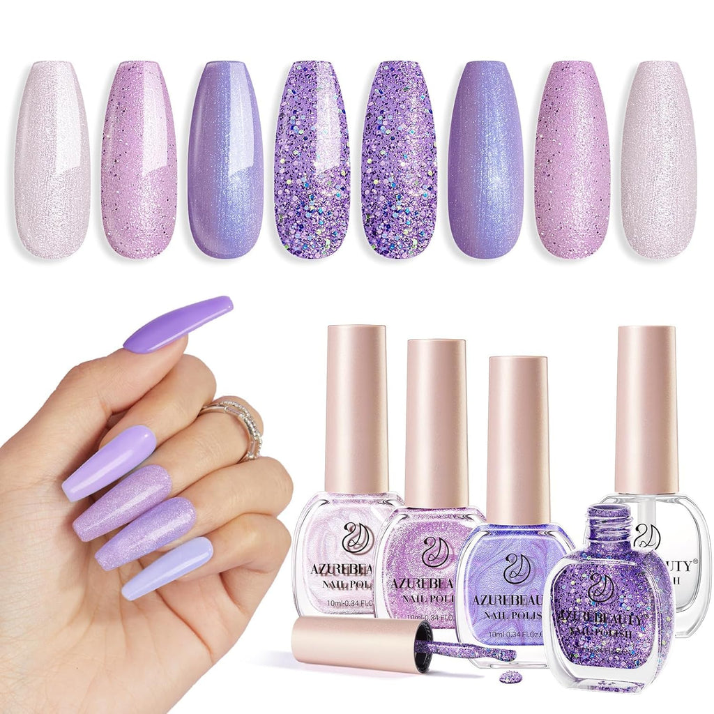 AZUREBEAUTY Nail Polish Set Fast Drying Glitter Pink Purple Spring Summer 4 Colors Lilac Nail Polish Natural Nail Lacquer Fingernail Kit with Top Coat DIY Salon Home
