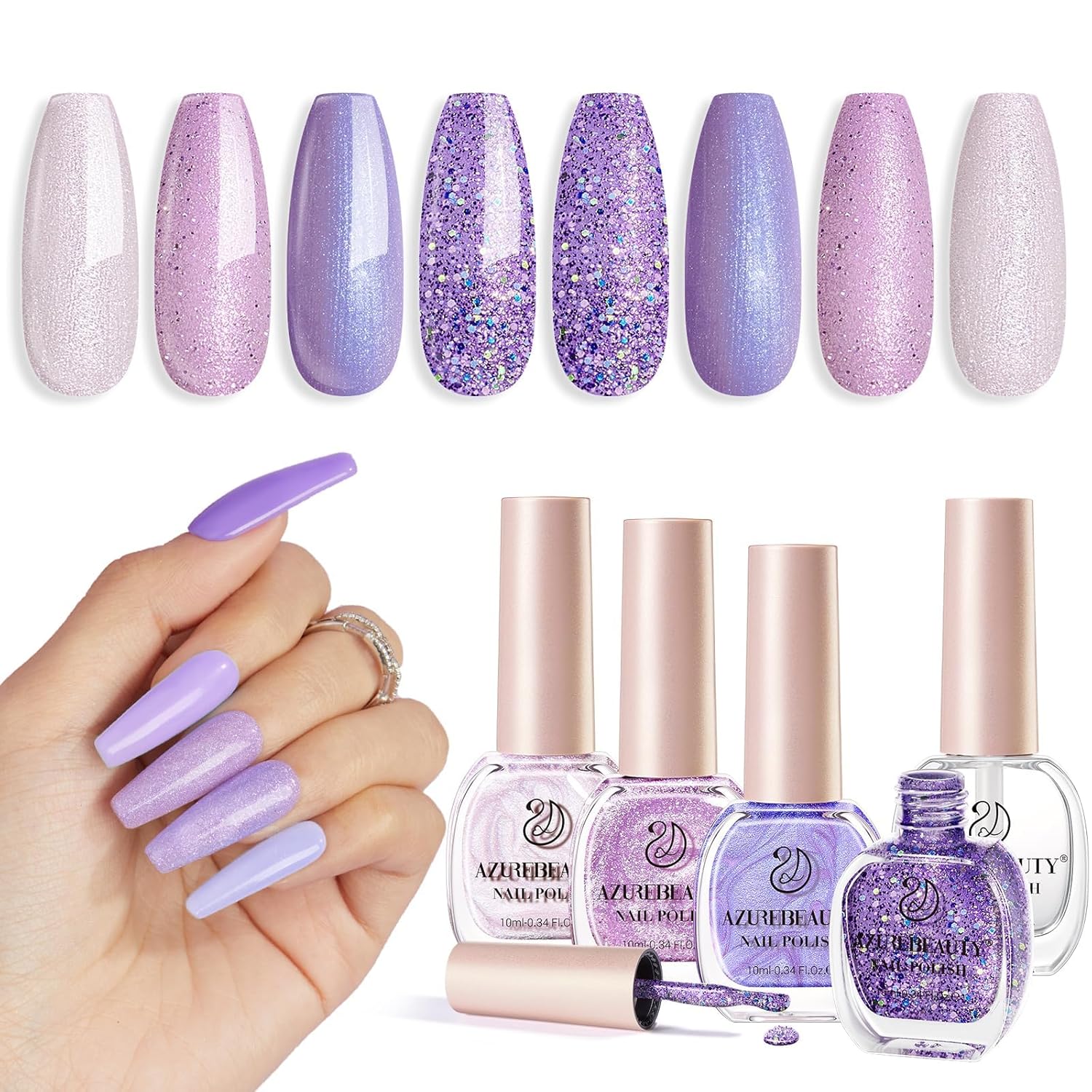 AZUREBEAUTY Nail Polish Set Fast Drying Glitter Pink Purple Spring Summer 4 Colors Lilac Nail Polish Natural Nail Lacquer Fingernail Kit with Top Coat DIY Salon Home
