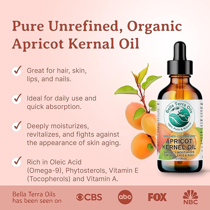 Bella Terra Oils - Organic Apricot Kernel Oil 4 oz - Pure Organic Apricot Essence, Abundant in Linoleic & Oleic Acid, A Luxurious Carrier Oil for Essential Oils