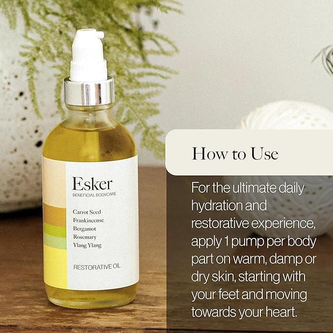 Esker Restorative Body Oil | Premium Deep Hydration Oil Designed to Soften and Moisturize Skin While Promoting Circulation and Energy Flow, Fast-Absorbing with Vitamins and Antioxidants 4oz