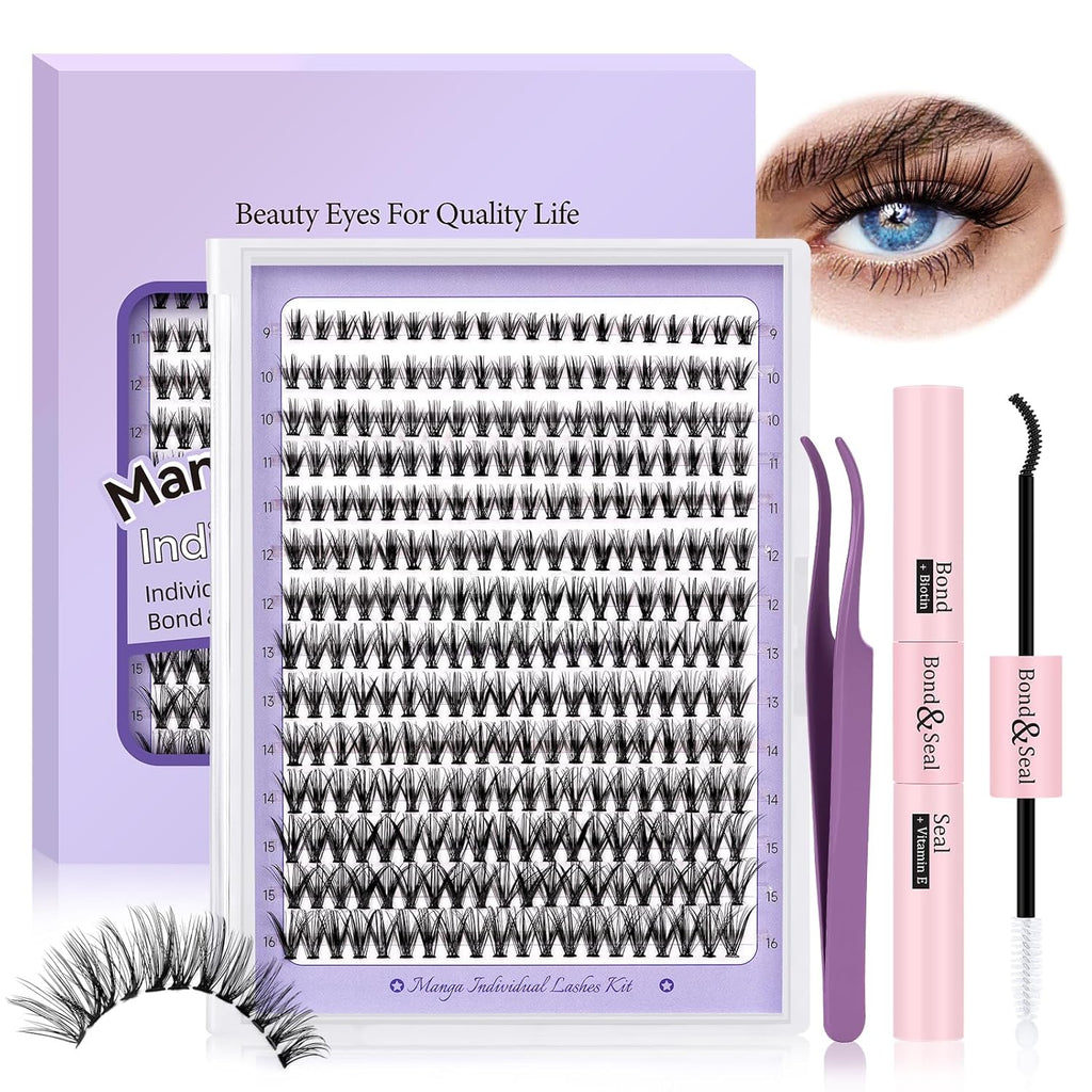 B&Qaugen Lash Extension Kit for Beginners Eyelash Extension Kit Manga Lash Clusters Set 280 PCS Individual Eyelashes Set Volume 30D Soft D Curl Eye Extension Eyelashes(Manga-30D-D-9-16MIX)