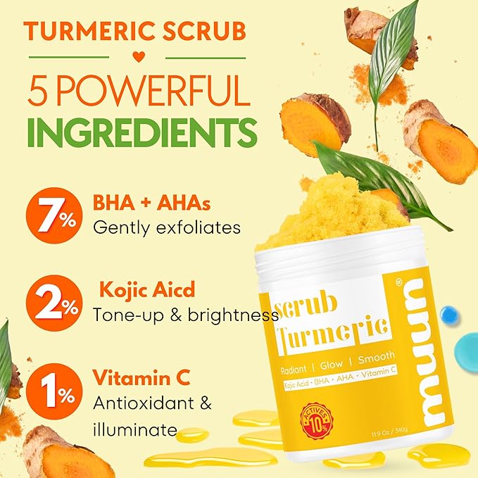 Muun Turmeric Scrub with Kojic Acid AHA/BHA Face &Body - Exfoliator Dark spot Remover- Ingrown Hair Treatment Bikini Area Inner Thighs Armpit Underarm Exfoliating