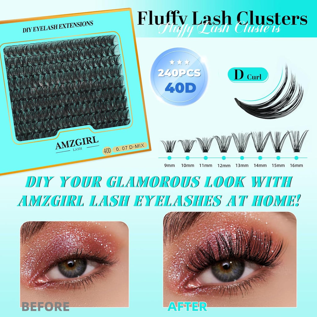 Lash Clusters 240pcs Eyelashes Cluster Individual Wispy Lashes Thin Band for D Curl Lash Extension Eyelashes for Beginners at Home,False Eyelashes Soft Eyelash Clusters(40D,D-Mix9-16mm)
