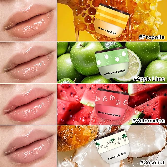 4 PCS Bee Lip Balm Honey Pot, Honey Watermelon Apple Coconut Lip Balm Sleeping Lip Mask Overnight with Sticks, Lip Exfoliating Prevention Dry and Crack (Honey & Watermelon & Apple & Coconut)