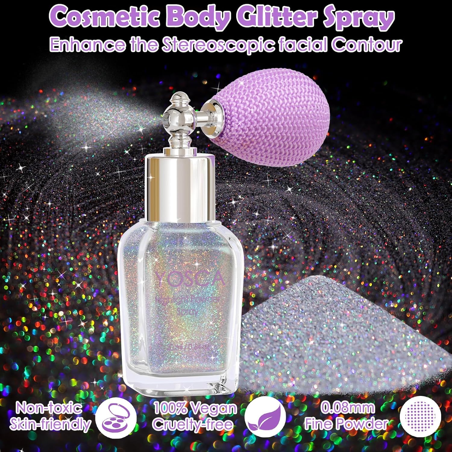 Yosca Body Glitter Spray, 30ML Loose Laser Body Shimmer Powder Holographic Hair Spray Silver Glitter Sparkle Highlighter Makeup Festival Rave Accessories for Clothes Hair Face Nail Art - Rainy Rainbow