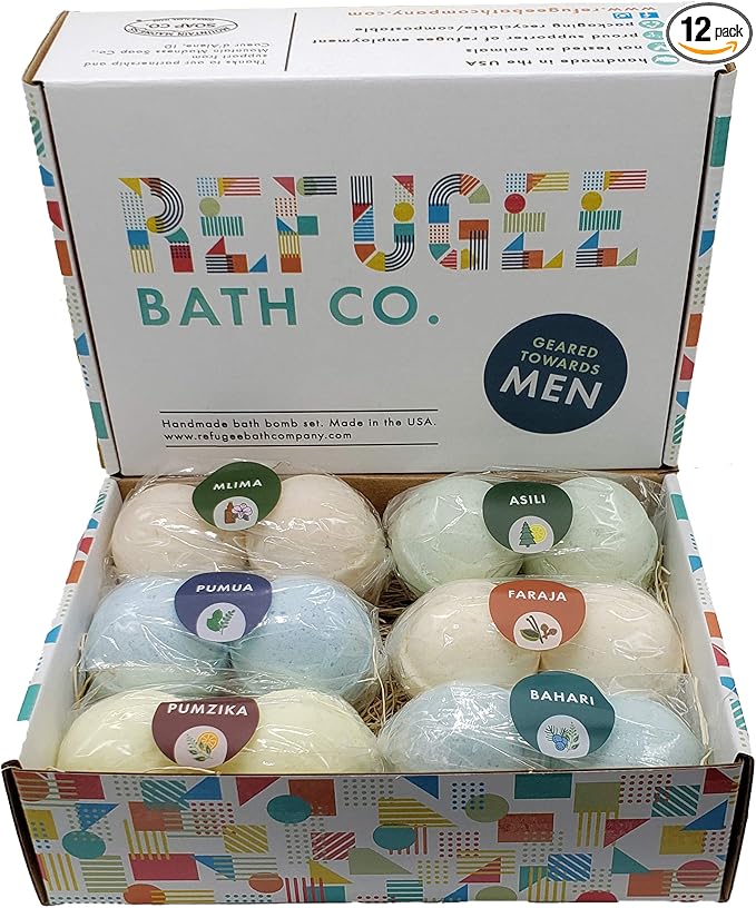 Mens Variety Bath Bombs, 2.5 oz Each, Cocoa Butter and Plant Based Ingredients, Vegan, Support Refugee Employment in The USA, Made in The USA
