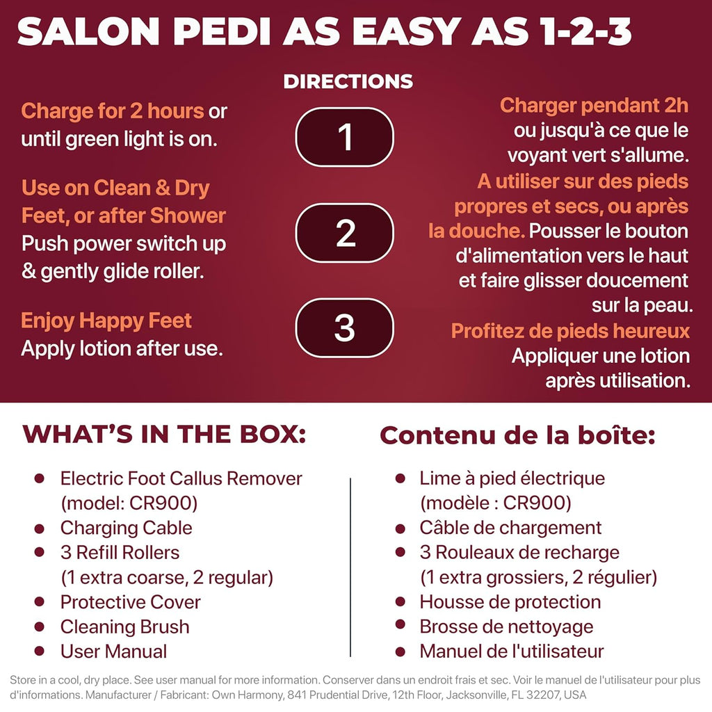 Rechargeable Callus Remover for Feet: Professional Electric Feet Sander for Women by Own Harmony - Electronic Foot File CR900 with 3 Rollers, Foot Grinder Pedi Care for Cracked Heels & Dry, Hard Skin