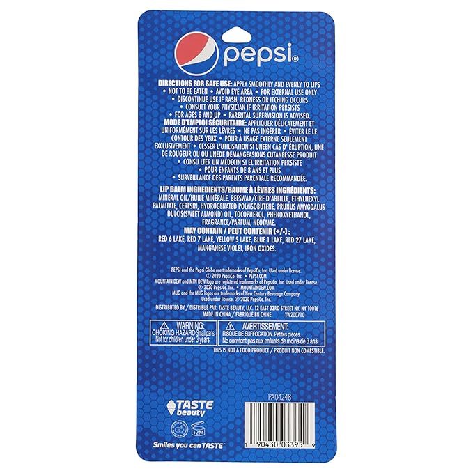 Taste Beauty Pepsi 8 Pack Lip Balm (Pepsi Cherry Vanilla, Mountain Dew, Mug, Pepsi Wild Cherry, Classic Pepsi, Mountain Dew White and Live Wire, Diet Pepsi)