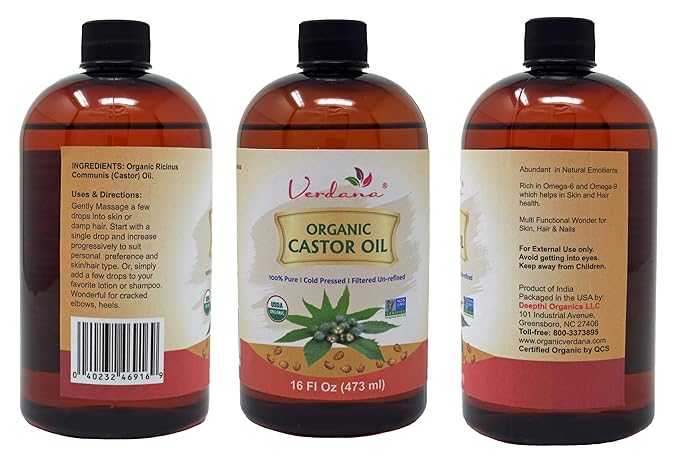 Verdana Organic Castor Oil – 16 Fl Oz Size – Cold Pressed, Unrefined, Hexane-Free – USDA Organic – Natural Moisturizer for Hair Growth, Eyelashes, Skin, Scalp & Castor Oil Packs