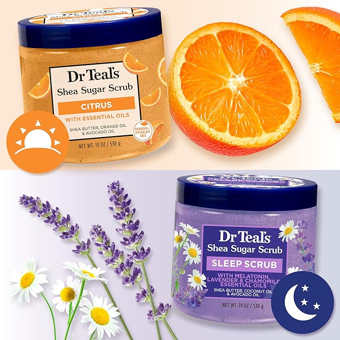Dr Teal's Shea Sugar Body Scrub, Daytime/Nighttime with Vitamin C and Sleep Blend, 19 oz (Pack of 2)