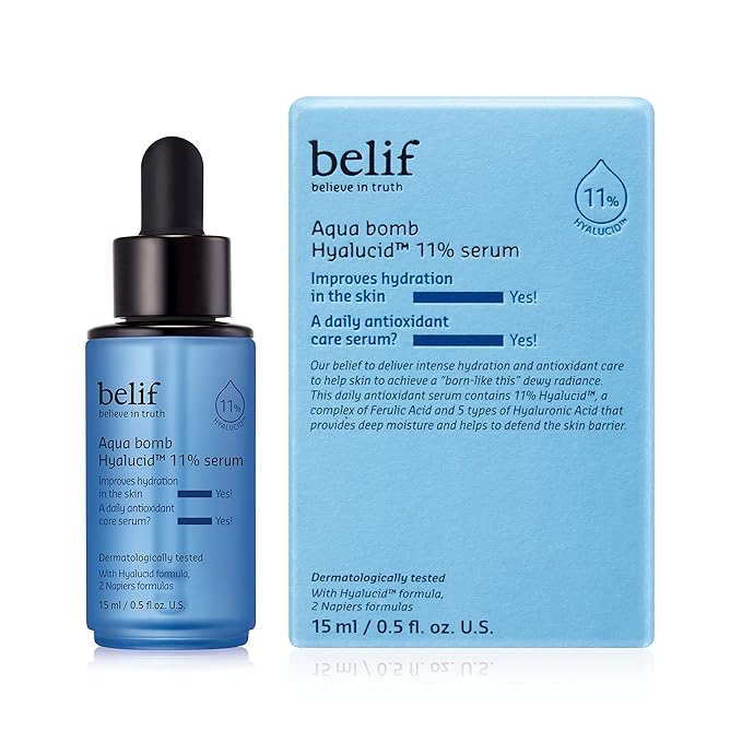 belif Aqua Bomb Hydrating Hyalucid™ 11% Serum, 5 Types of Hyaluronic Acid, Good for Dryness, Dullness, Loss of Firmness & Elasticity, Glycerin, For All Skin Types, Korean Skin Care