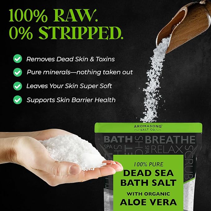 Dead Sea Salt with Organic Aloe Vera, Spa Bath Salts, 19 Lbs Fine Bulk resealable Pack, 100% Pure & Natural, Soak for Women & Men for Tired Muscles & Skin Issues (Packaging May Vary)