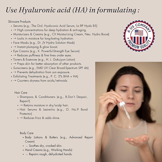 Hyaluronic Acid Powder Pure High Molecular Weight Cosmetic Grade Water Soluble Sodium Hyaluronate for Skin Face Cosmetic Applications Make Your Own Serum