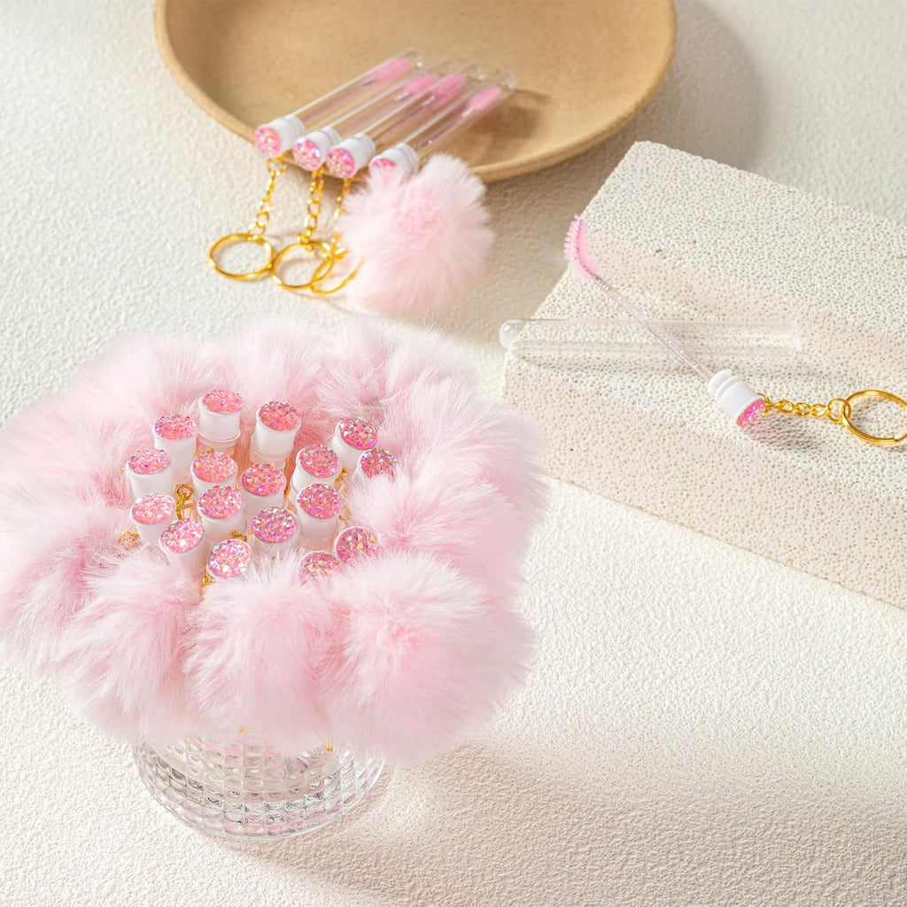 Upgrade 48 Pieces Disposable Mascara Wands Set,Include 24 Pcs Crystal Lash Spoolies Brush and 24 Pcs Reusable Keychain Empty Eyelash Brush Tubes