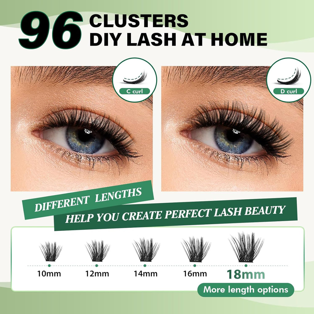 Lash Clusters 96pcs Individual Lashes Y22 D Curl 8-18MIX Eyelash Clusters KEYYOU Volume Wispy Lash Extension Soft&Comfortable Easy DIY at Home(Y22,D-8-18MIX)