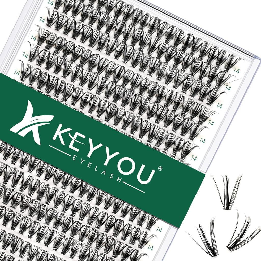Lash Clusters 300pcs Individual Lashes 30D 0.07D Curl 14mm DIY Eyelash Extension KEYYOU Large Tray Volume Soft&Natural Eyelash Clusters(30D-0.07D,14）