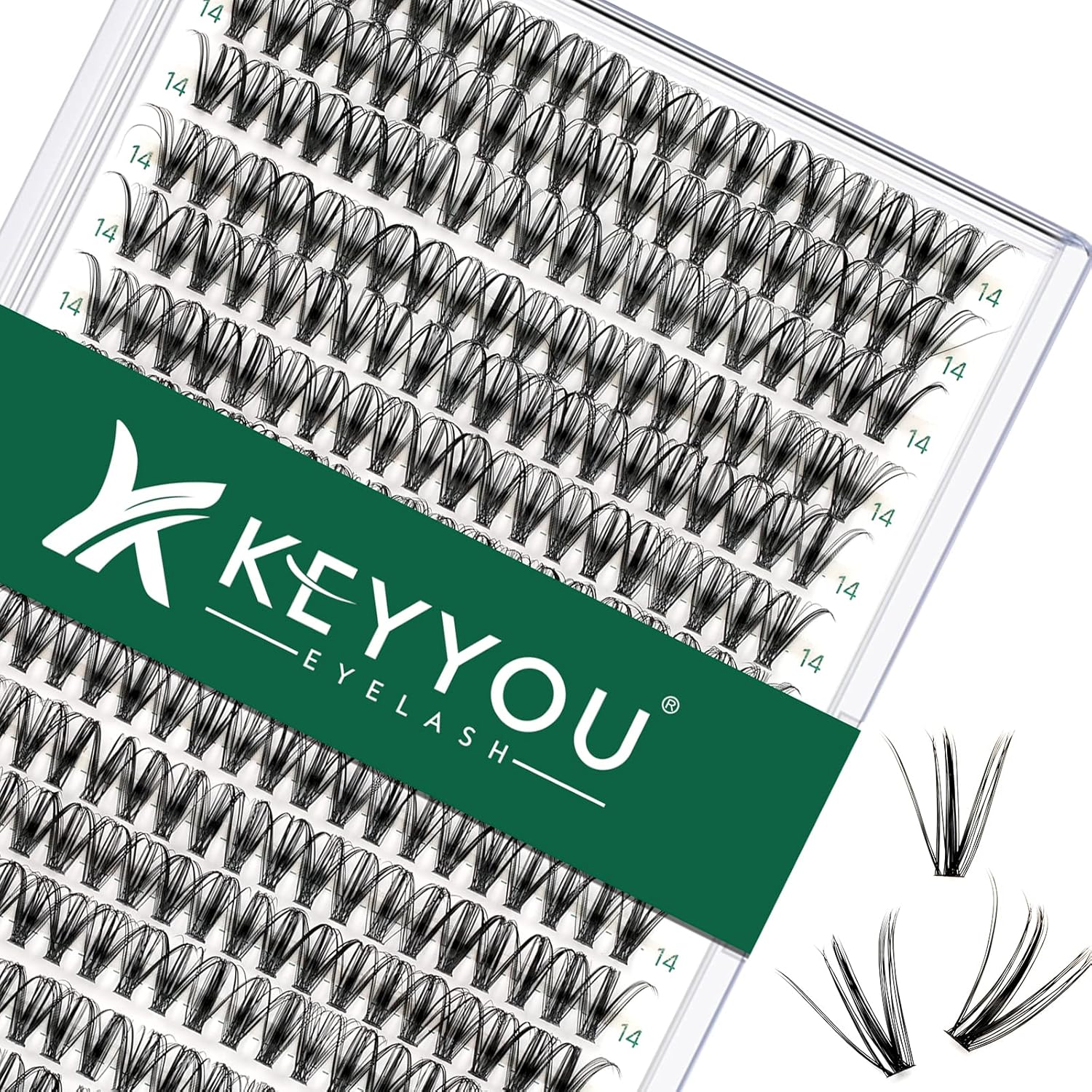Lash Clusters 300pcs Individual Lashes 30D 0.07D Curl 14mm DIY Eyelash Extension KEYYOU Large Tray Volume Soft&Natural Eyelash Clusters(30D-0.07D,14）