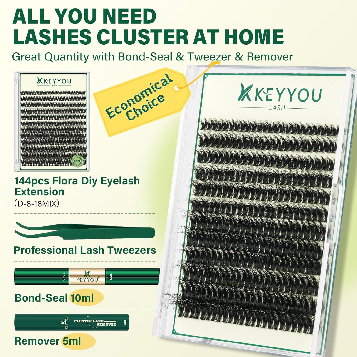 KEYYOULASH Flora Lash Clusters Kit 3D DIY Lashes Extension Kit Eyelash Clusters 144pcs Thick Individual Lashes Fluffy and Soft Wispy Volume Lashes with Waterproof Lash Bond and Seal & Remover (F01)