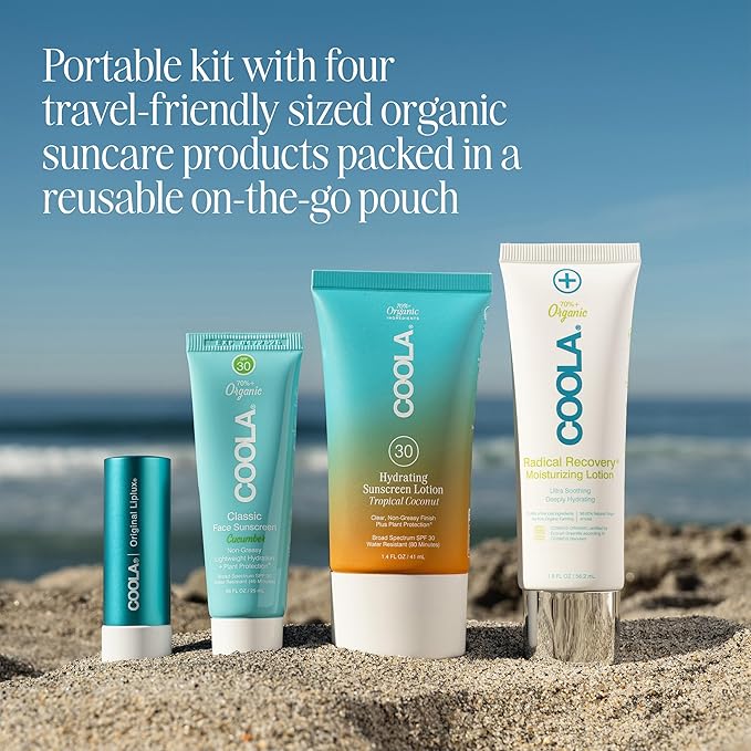 COOLA Organic Sunscreen and Lip Balm SPF 30 Sun Essentials Kit, Dermatologist Tested and TSA Approved, Vegan and Gluten Free, 4 Items Total