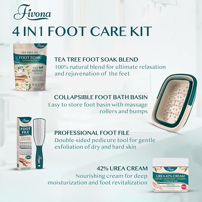 Fivona Foot Care Kit 4 in 1 - Foot Soak Blend with Epsom Salt, Tea Tree and Essential Oils - Collapsible Foot Soak Basin - 42% Urea Cream for Hard, Calloused Skin - Dual Action Foot File