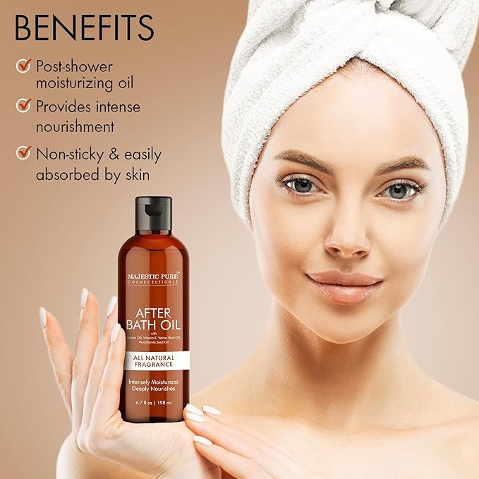 Majestic Pure After Bath Oil - 100% Pure & Natural | Repair Dry, Damaged Skin | Moisturizing Skin, Hair and Scalp | Infused with Jojoba Oil & Vitamin E | 6.7 Fl Oz