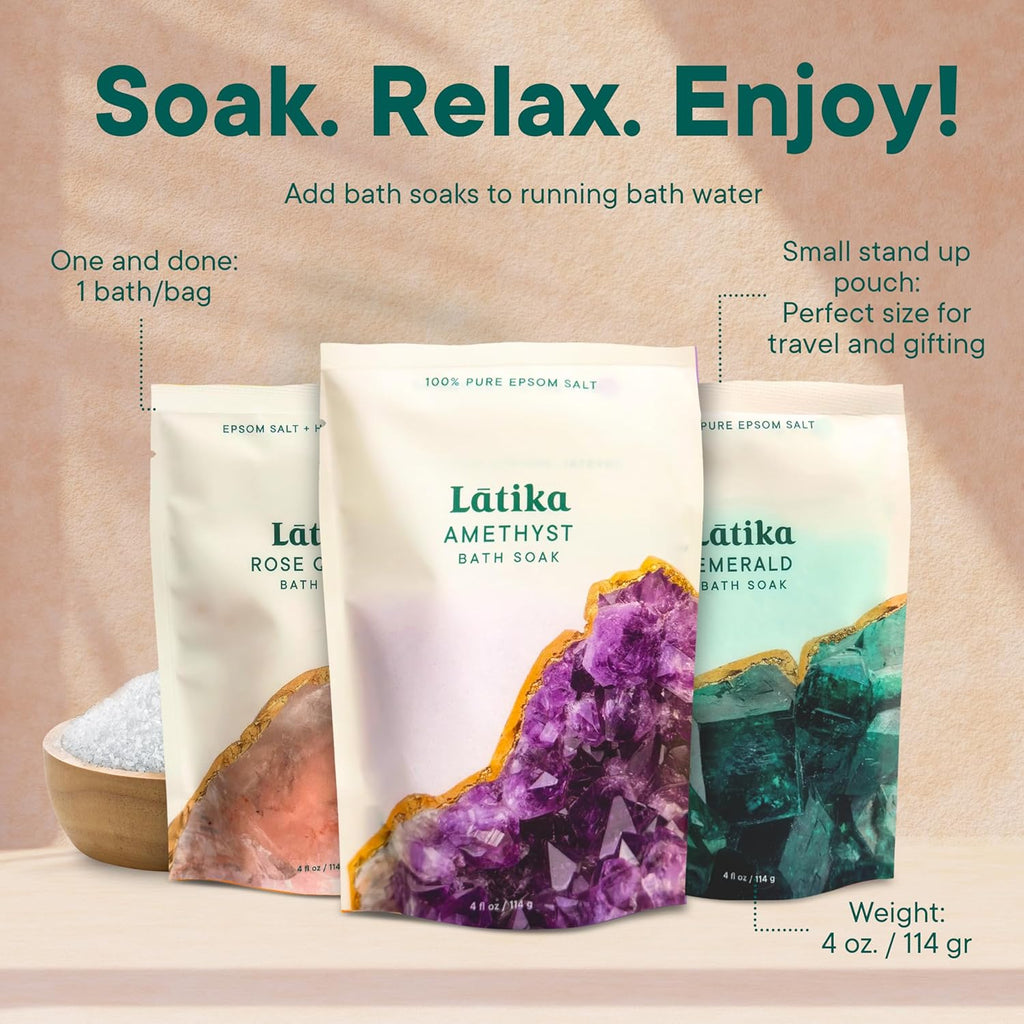 Geode-Inspired Bath Soak Set of 3 - Amethyst, Rose Quartz & Emerald with Essential Oils & Epsom Salt - Sandalwood, Lavender, Sage & Eucalyptus for Stress Relief, Muscle Recovery & Skin Care