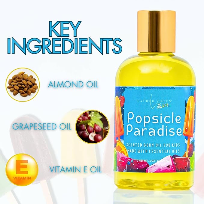 Popsicle Paradise Kids Body Oil, Lightweight Moisturizer with Jojoba Oil, Naturally Scented Kids Body Oil, Non-Greasy, Paraben-Free, Gentle Hydration for Delicate Skin, 4 oz