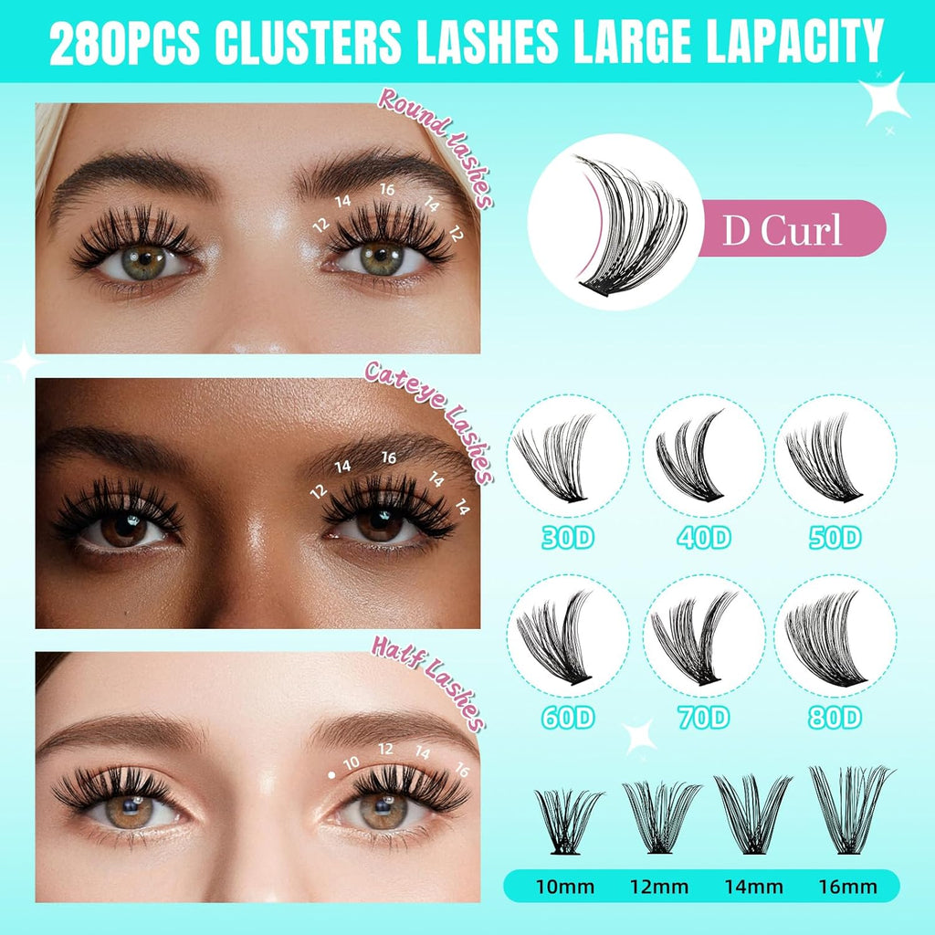 Lash Clusters Wispy 280PCS Eyelash Extension 40D Cluster Lashes Individual Lashes DIY Lash Extension Natural Look Cluster Eyelash Extensions Soft False Eyelashes at Home for Beginners(10mm)