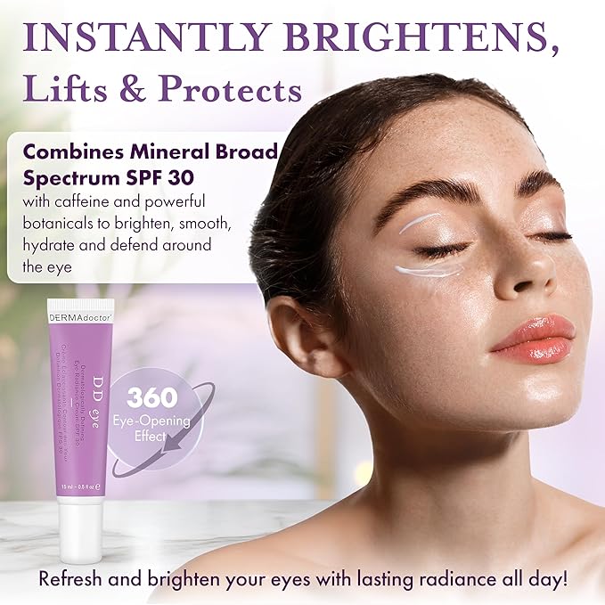 DERMAdoctor DD Eye Dermatologist Formulated Defining Radiance Boosting Caffeine Eye Cream with SPF 30; Eye Cream for Dark Circles, Puffy Eyes Treatment, Brightening and Smoothing - 0.5 oz