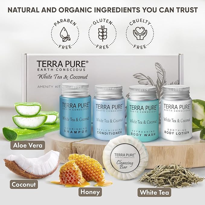 Terra Pure White Tea & Coconut Amenity Kit | Hotel Bulk Toiletries | 1 oz Shampoo, Conditioner, Lotion, Body Wash, Cleansing Bar for Guest Hospitality Vacation Rentals| 15 Sets/Case