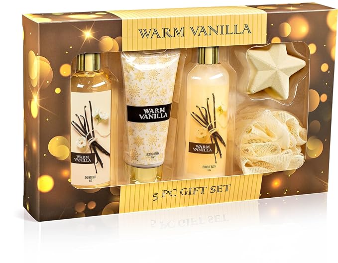 Freida & Joe Fragrance Bath & Body Collection Gift Box, Includes Shower Gel, Body Lotion, Body Scrub, Bath Bomb & Sponge (Warm Vanilla 2.0)