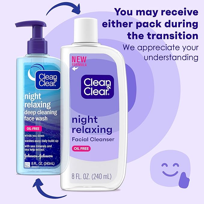 Clean & Clear Night Relaxing Oil-Free Deep Cleaning Face Wash with Deep Sea Minerals & Sea Kelp Extract, For All Skin Types, 8 fl. oz (Pack of 2)