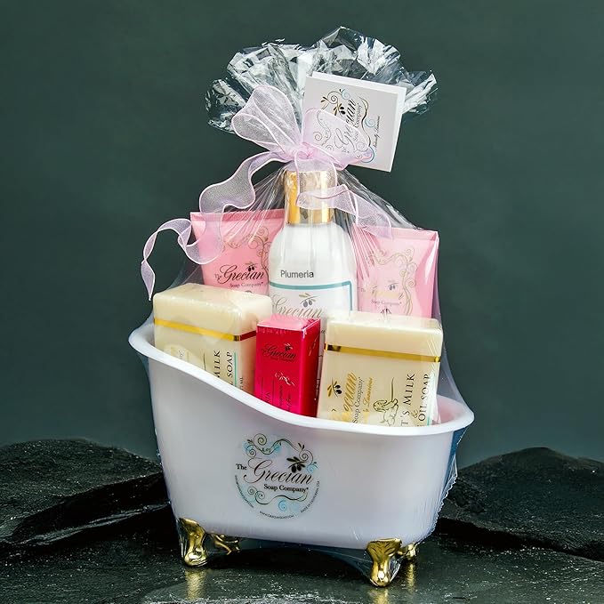 Deluxe Bathtub Gift Set – 6pcs Goat Milk & Olive Oil Skin Care Set, Spa Gifts, Bridal Shower Gifts Gifts for Mom, Birthday Gifts, Plumeria Scent, Handmade in the USA