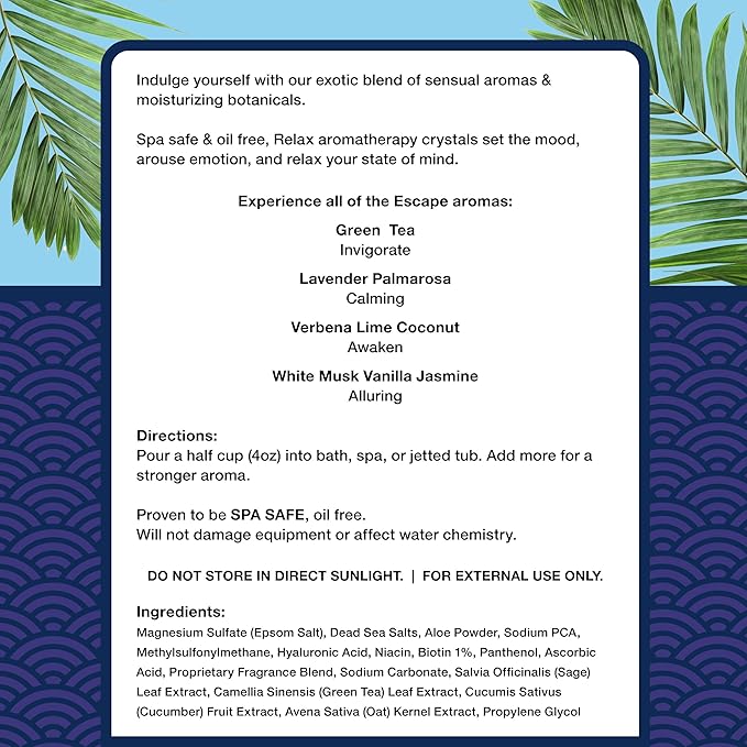 Relax Spa & Bath, Epsom & Dead Sea Salts, Aromatherapy Bath Salts for Hot Tub, Bath, or Spa, Infused with Magnesium, 4 Pack, Escape Therapy