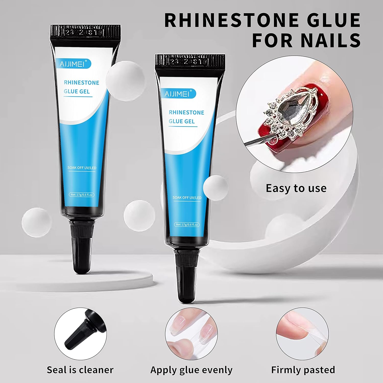 AIJIMEI 17g Nail Rhinestone Glue Nail Glue for Decorations Nail Charm 3D Nails Rhinestone Gel for Gem Nail Art Jewel Diamonds Solid Nail Gel (2Pcs)