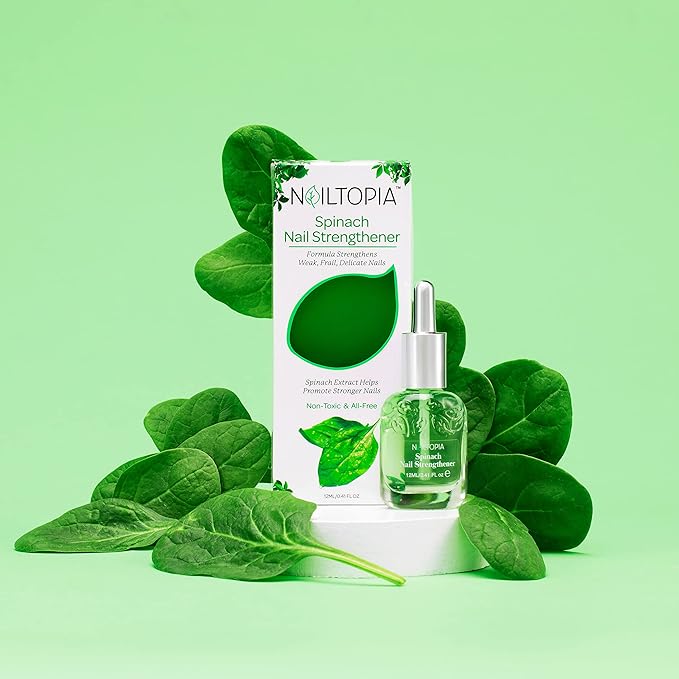 Nailtopia Spinach Nail Strengthener - Revitalizing Nail Strengthener Treatment for Stronger Nails - Growth Serum for Damaged, Thin, Cracked Nails - Vitamin Infused, Bio Sourced, and Vegan - 0.41 oz