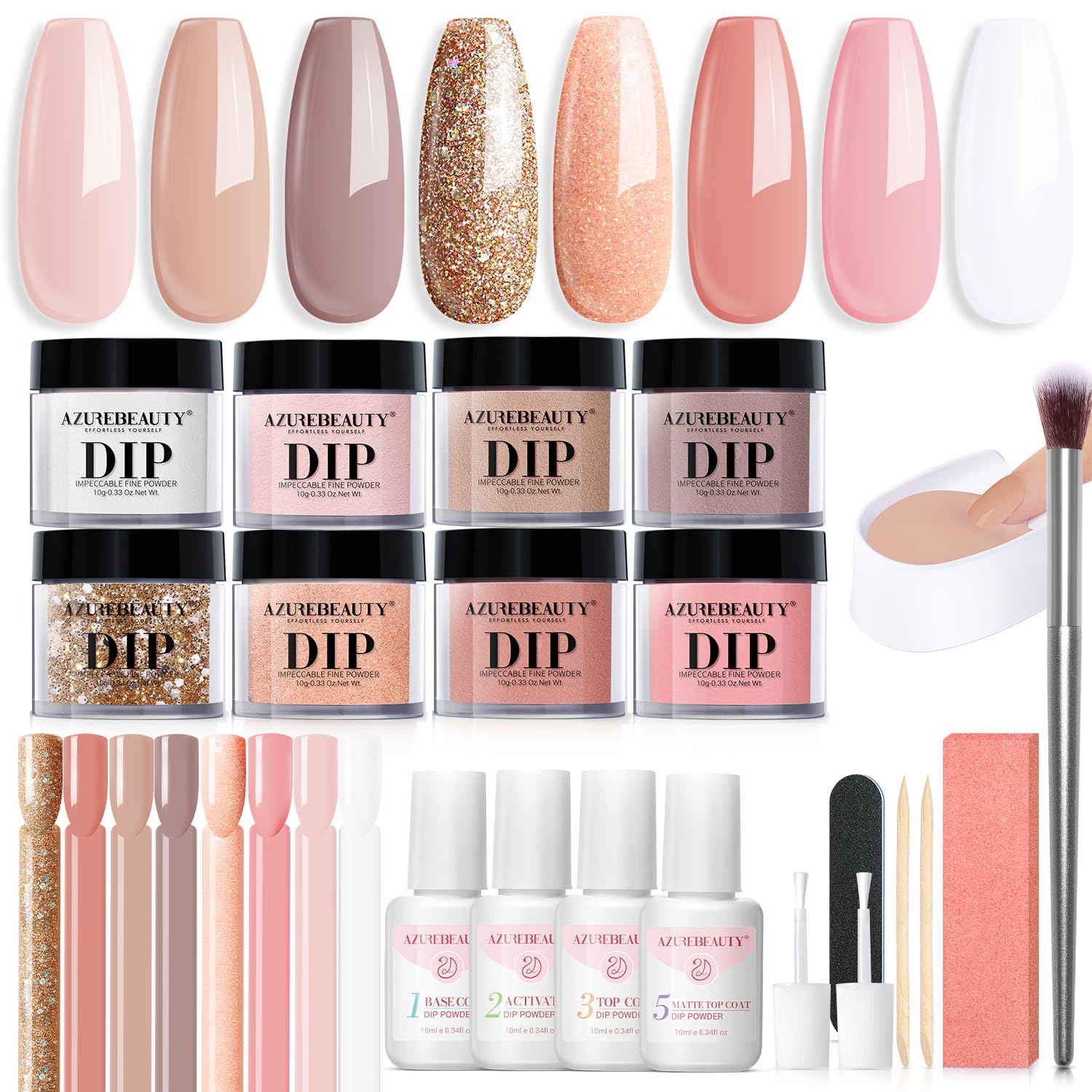 AZUREBEAUTY 30Pcs Dip Powder Nail Kit Starter with Nail Sticks, Nude Skin Tones Neutral Pink 8 Colors Dipping Liquid Set Matte Top Coat for Nail Art Manicure Salon DIY Home