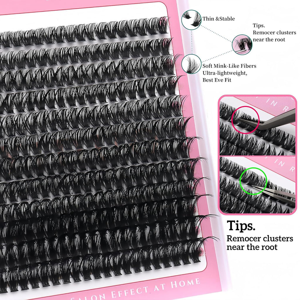 3 Styles Lashes Cluster Kit 720Pcs Eyelash Extensions Kit 40P+60P+80P Bulk Pack D Curl Volume False Eyelashes DIY Individual Wispy Fake Eye Lashes Combo Packs with Bond&Seal |Tweezers | Removers