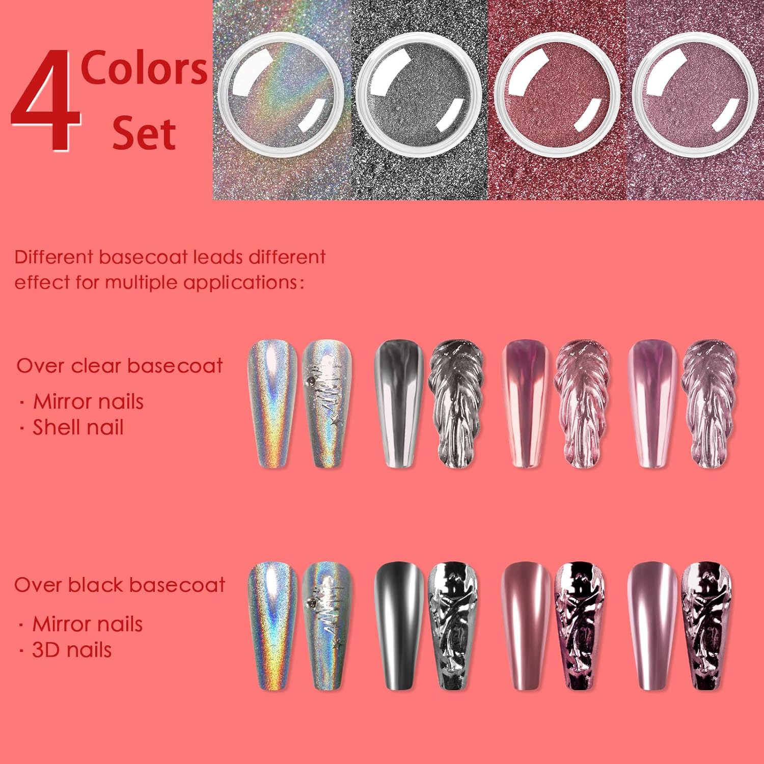 Allstarry Chrome Nail Powder, Metallic Mirror Effect Pigment Chrome Holographic Nail Glitter Magic Unicorn Glitter Dust Kit for Manicure Valentines Nail Art Decoration- Pink Silver Grey Series