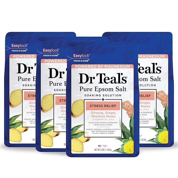 Dr Teal's Pure Epsom Salt Stress Relief with Ginseng & Ginger Essential Oils, 3 lbs (Pack of 4)
