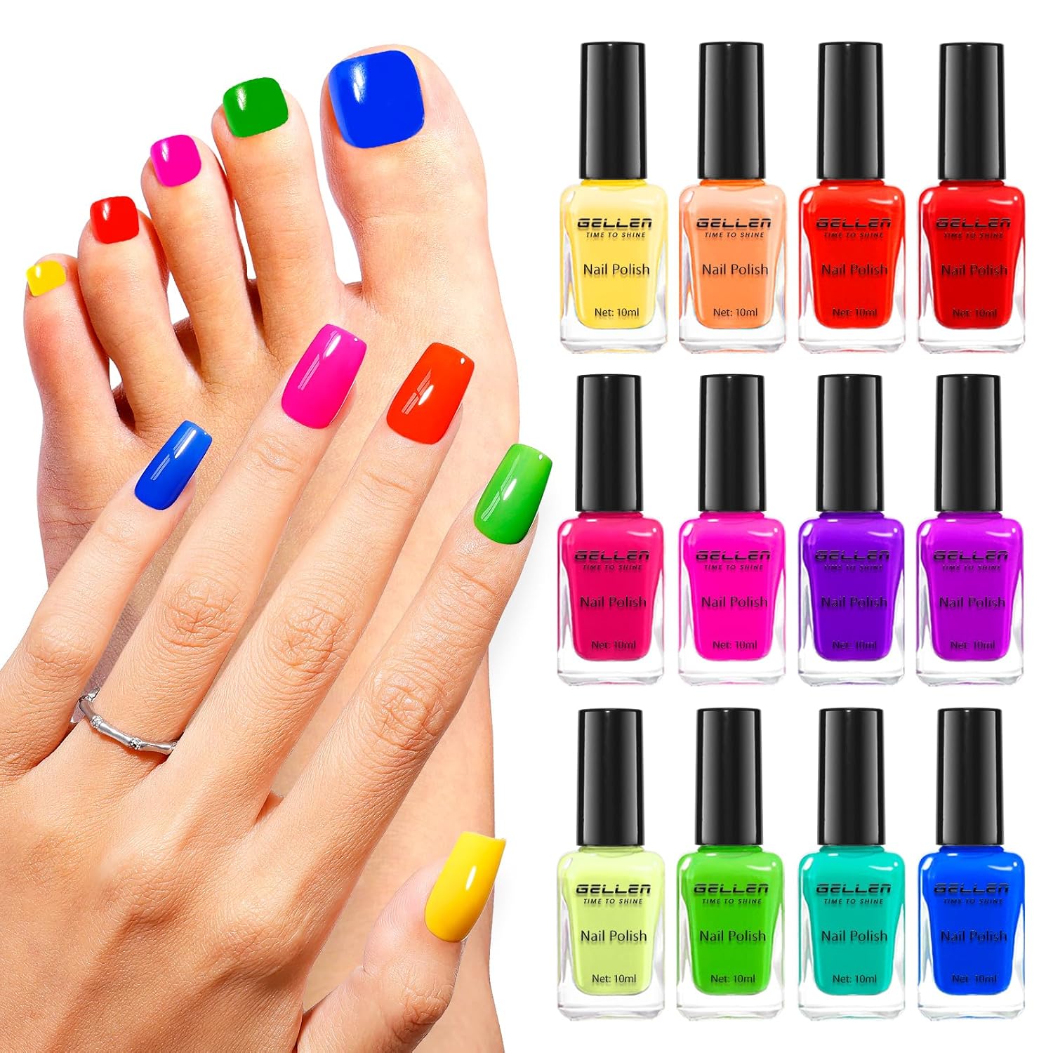 GELLEN Bright Neon Nail Polish Set, Quick Air Dry Regular Nail Polish Vibrant Rainbow 12 Colors Set for Fingernail Toe Nails Salon Home, Hema Free, Non-toxic, Red Pink Blue Green Purple Orange Yellow