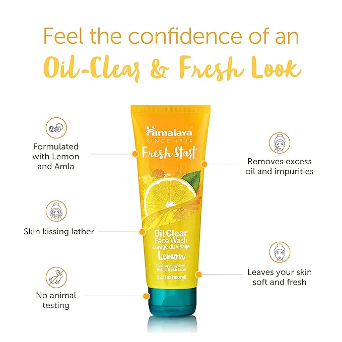 Himalaya Fresh Start Oil Clear Lemon Face Wash, Daily Facial Cleanser for Clean, Soft, Healthy-Looking, Hydrated Skin, Non-Drying for All Skin Types, 3.38 oz