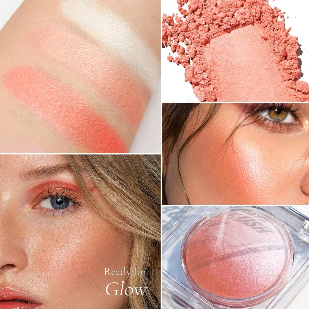 KYDA Baked Blush, Orange Glow Powder for Blush and Highlighter, High Glossy Finish, Lightweight Blendable Shimmer Blusher, Multiuse Baked Powder, 0.53 oz
