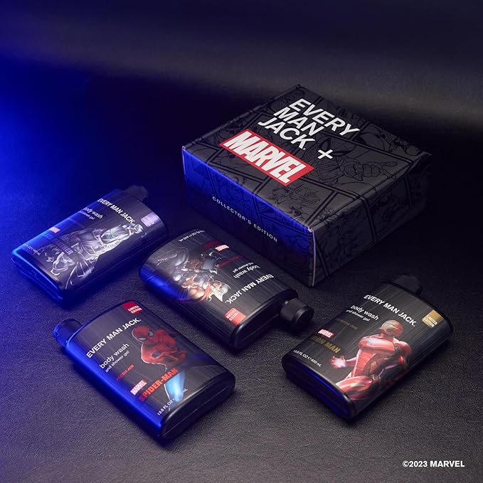 Every Man Jack Marvel Collectors Box Body Wash Gift Set - Includes Four Body Washes with Clean Ingredients - Marvel-Inspired Fresh Air, Coastal Thunder, Crimson Oak, and Wakanda Herbs Fragrances