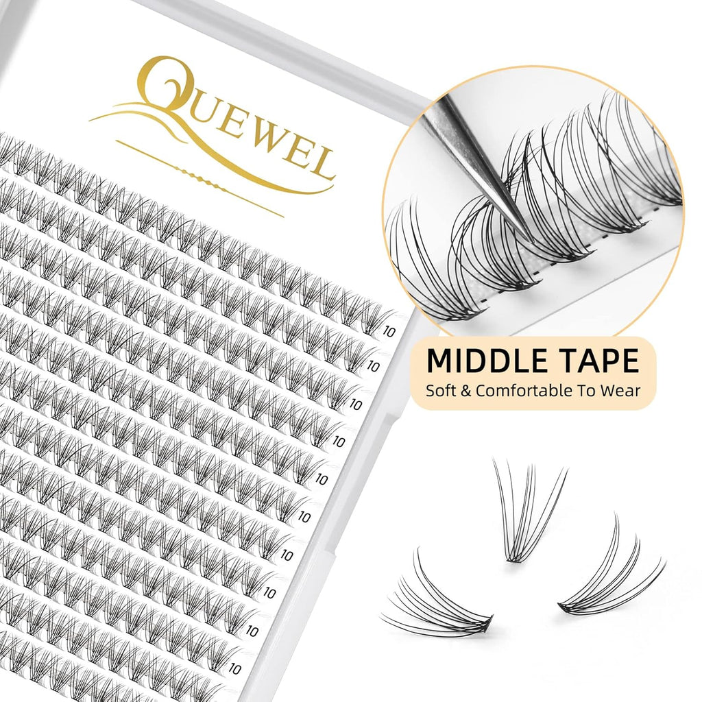 QUEWEL Cluster Lashes 240Pcs Individual Lashes 10D 0.10C Curl 10mm Knot-Free Lash Extensions Clusters Lashes Soft&Natural False Eyelashes Individual DIY Eyelash Extension at Home(10D 0.10C 10)