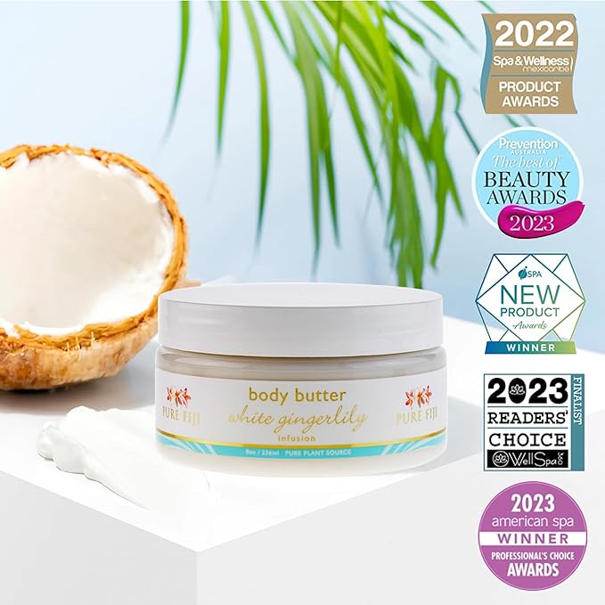 PURE FIJI Body Butter - Moisturizer Body Butter Cream - Face Cream and Body Lotion for Dry Skin with Natural Oils & Vitamin E, Body Butter For Women for Men,White Gingerlily, 8oz