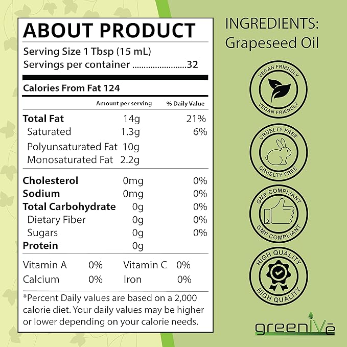 GreenIVe Grapeseed Oil Organically Grown 100% Pure Cold Pressed Light Flavor High Tempurature Cooking 16oz