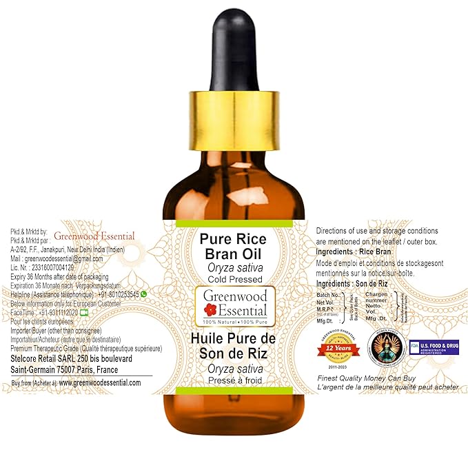 Pure Rice Bran Oil (Oryza sativa) with Glass Dropper 100% Natural Therapeutic Grade Cold Pressed for Personal Care 15ml (0.50 oz)