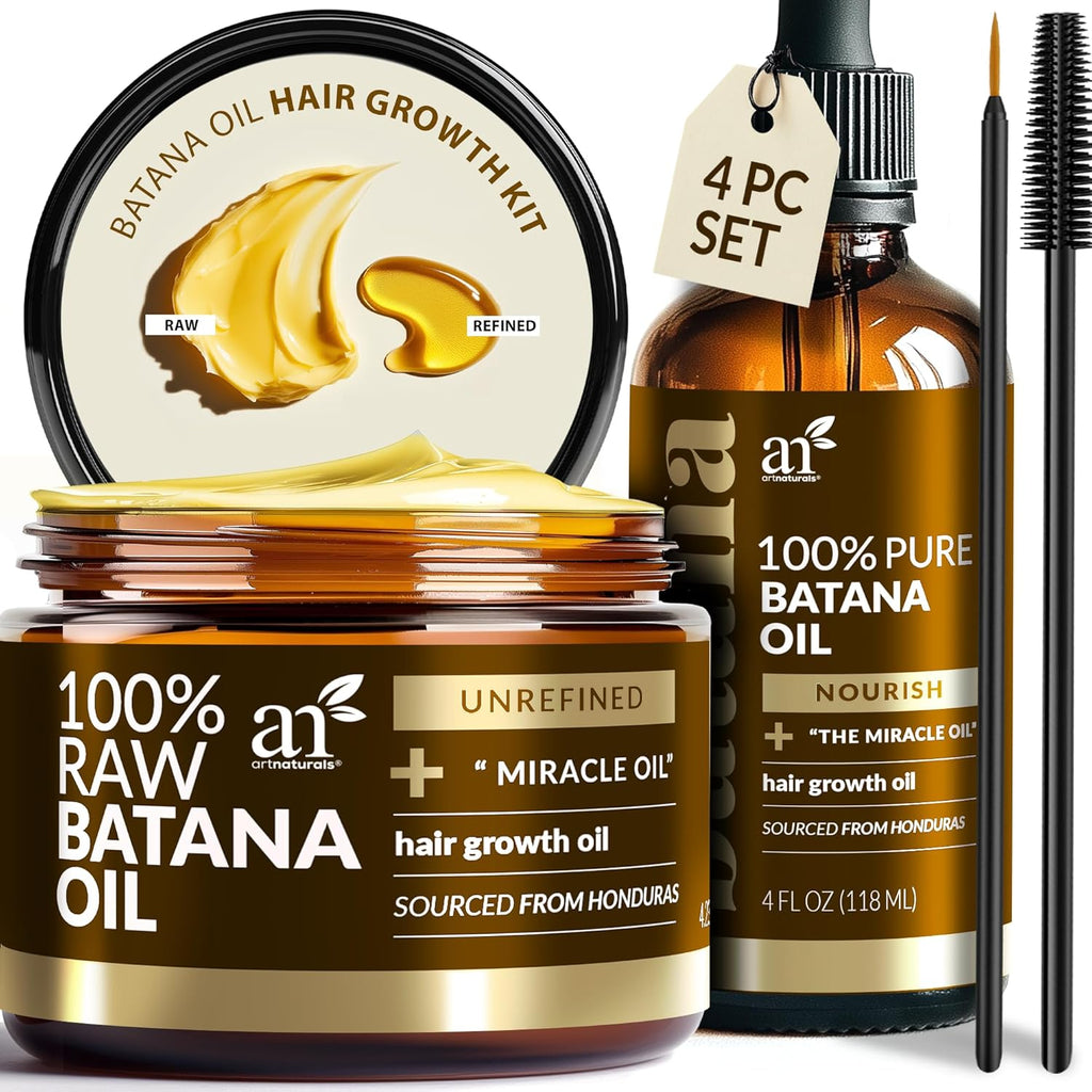 Batana Oil for Hair Growth – 4Pc Set: Raw Batana oil 4oz + 4.2oz Paste, Lash Wand & Brow Brush– Organic Dr. Sebi Inspired Products from Honduras –100% Unrefined Miracle for Scalp, Edges & Eyebrows