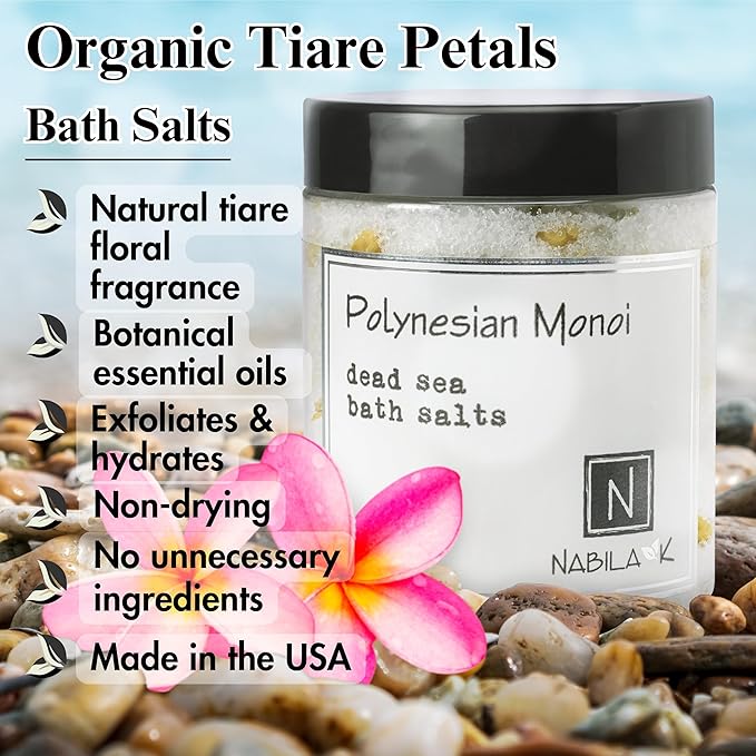 Polynesian Monoi Bath Salts by Nabila K - Dead Sea Salt & Epsom Salt Scrub & Soak - Exfoliates & Hydrates Skin, Botanical Essential Oils - Bubble Bath Accessories for All Skins Types, 8 oz